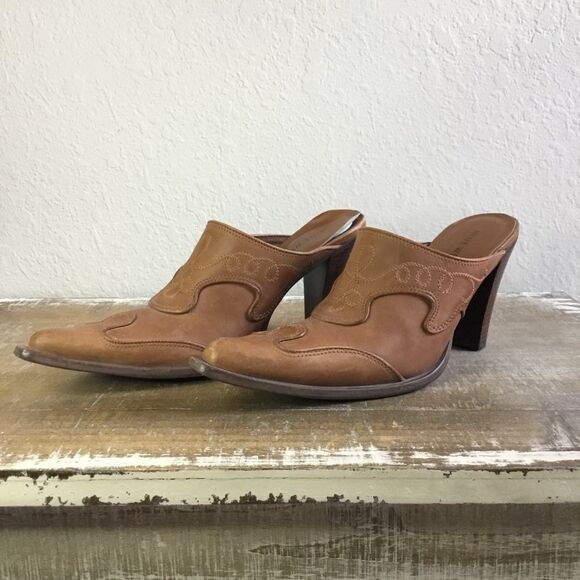 Vintage Y2K Western Cowgirl Rodeo Boho Tan Leather Pointed Chunky Heel Shoes 8.5 - Picture 2 of 8